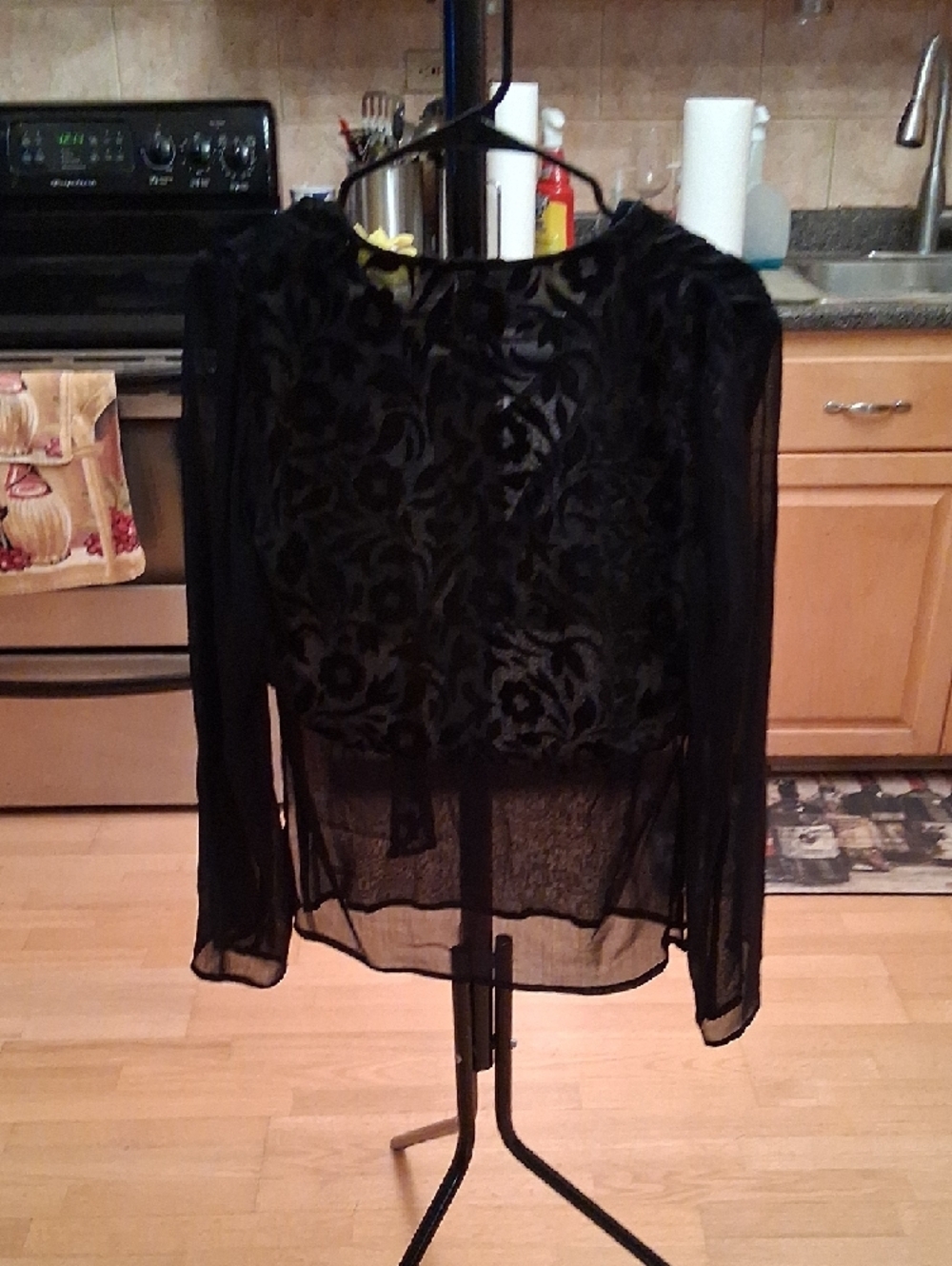 Sheer Black Velvet Burnout Tie-Front Blouse - Picture 7 of 9